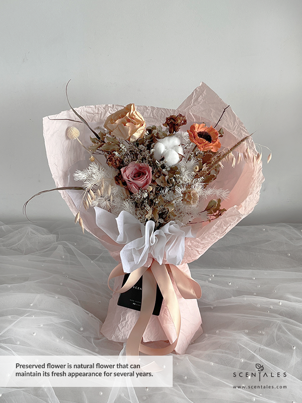 dried flower bouquet with Cotton flower , dried scabiosa , craspedia , white asparagus , preserved happy flower , sola rose , preserved rose , orange bell cup , dried avena leaf , plenty of preserved green hydrangea and white caspia