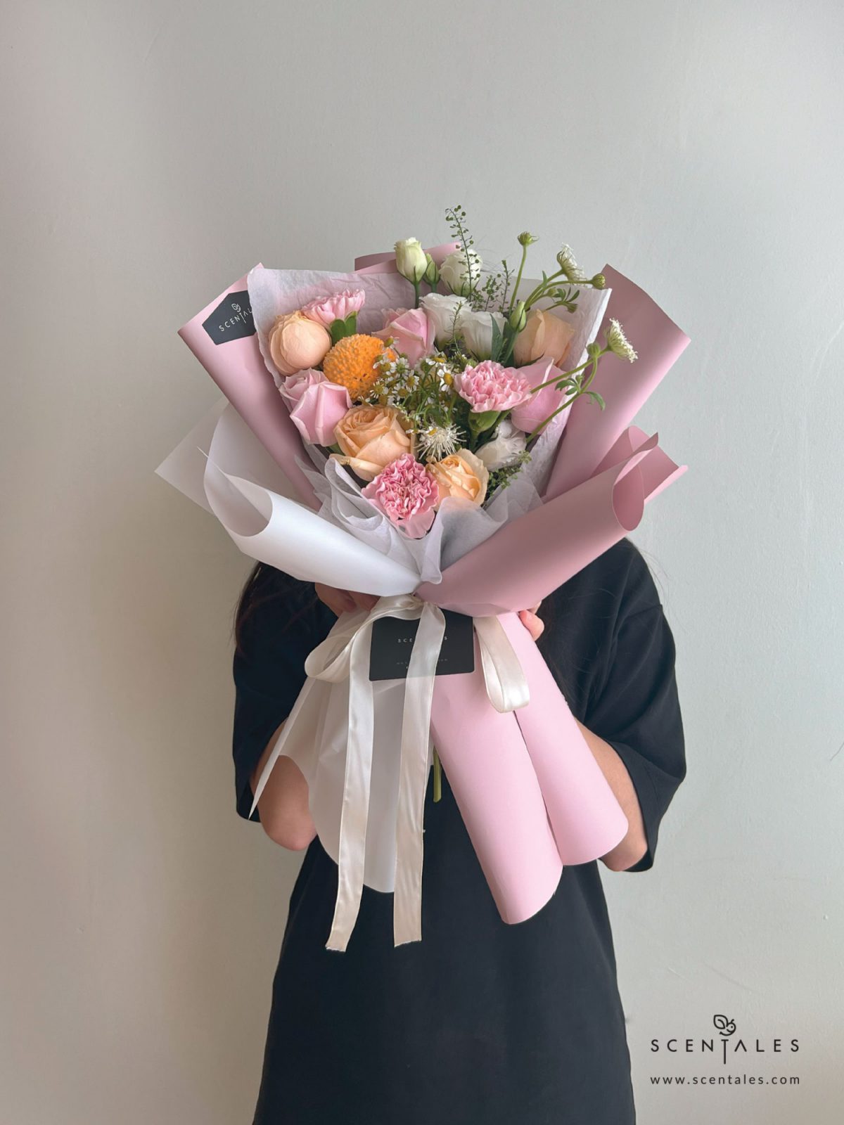 Fresh flower Bouquet with Champagne rose, pink rose, pink carnation,ping pong, chamomile, white trachymene buds, white eustoma and plenty of thlaspi