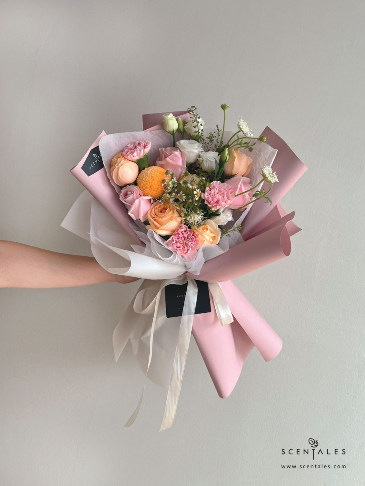 Fesh Flower Bouquet with Champagne rose, pink rose, pink carnation,ping pong, chamomile, white trachymene buds, white eustoma and plenty of thlaspi