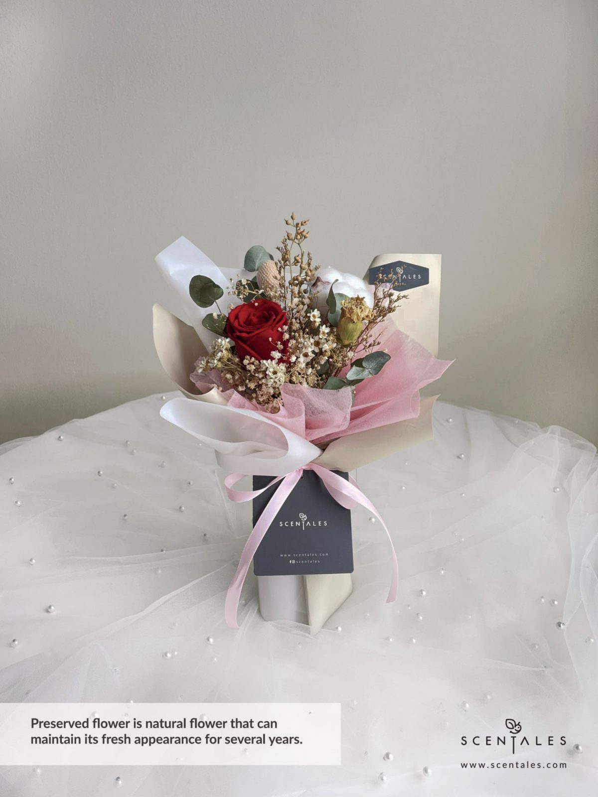 Dried flower bouquet with Preserved red rose, cotton flower, crasspedia, dried carnation, dried ixodia, dried baby's breath, dried caspia, dried wolly ball and plenty of dried eucalyptus cinerea