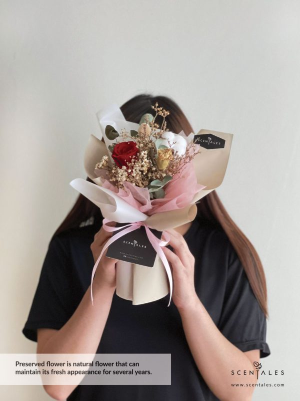 Dried flower bouquet with Preserved red rose, cotton flower, crasspedia, dried carnation, dried ixodia, dried baby's breath, dried caspia, dried wolly ball and plenty of dried eucalyptus cinerea