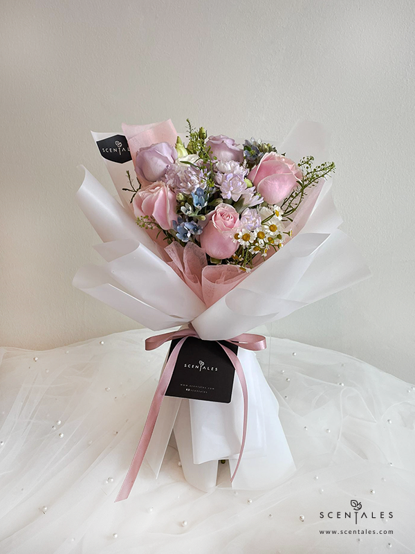 fresh flower bouquet with Lilac rose , pink rose , white eustoma , spray carnation ,oxypetalum , chamomile and plenty of thlaspi