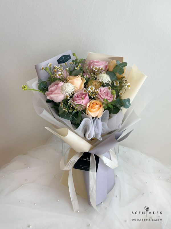 Fresh Flower Bouquet with Pink rose, champagne rose, chamomile, white trachymene, happy flower and plenty of eucalyptus