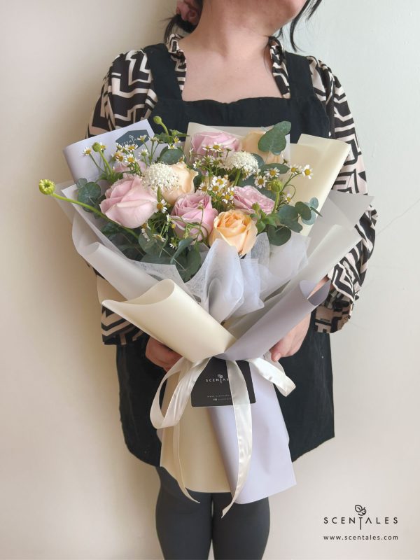 Fresh Flower Bouquet with Pink rose, champagne rose, chamomile, white trachymene, happy flower and plenty of eucalyptus