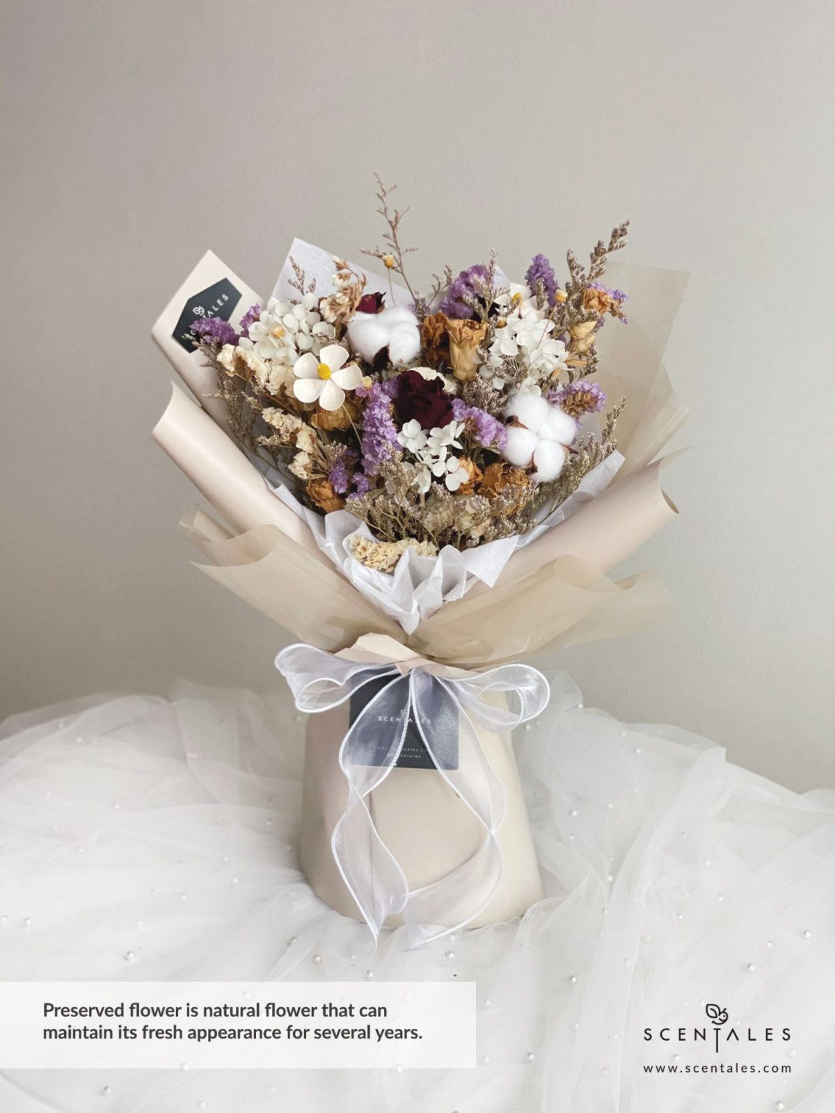 Dried and Preserved Bouquet with Dried red rose, dried brown rose, cotton flower, happy flower, dried carnation, dry white violet, plenty of dried eustoma, preserved white hydrangea, dried blue caspia, dried purple statice and dried white statice