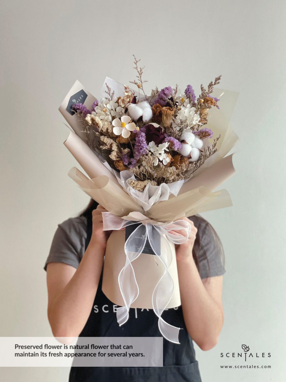 Dried and Preserved Bouquet with Dried red rose, dried brown rose, cotton flower, happy flower, dried carnation, dry white violet, plenty of dried eustoma, preserved white hydrangea, dried blue caspia, dried purple statice and dried white statice