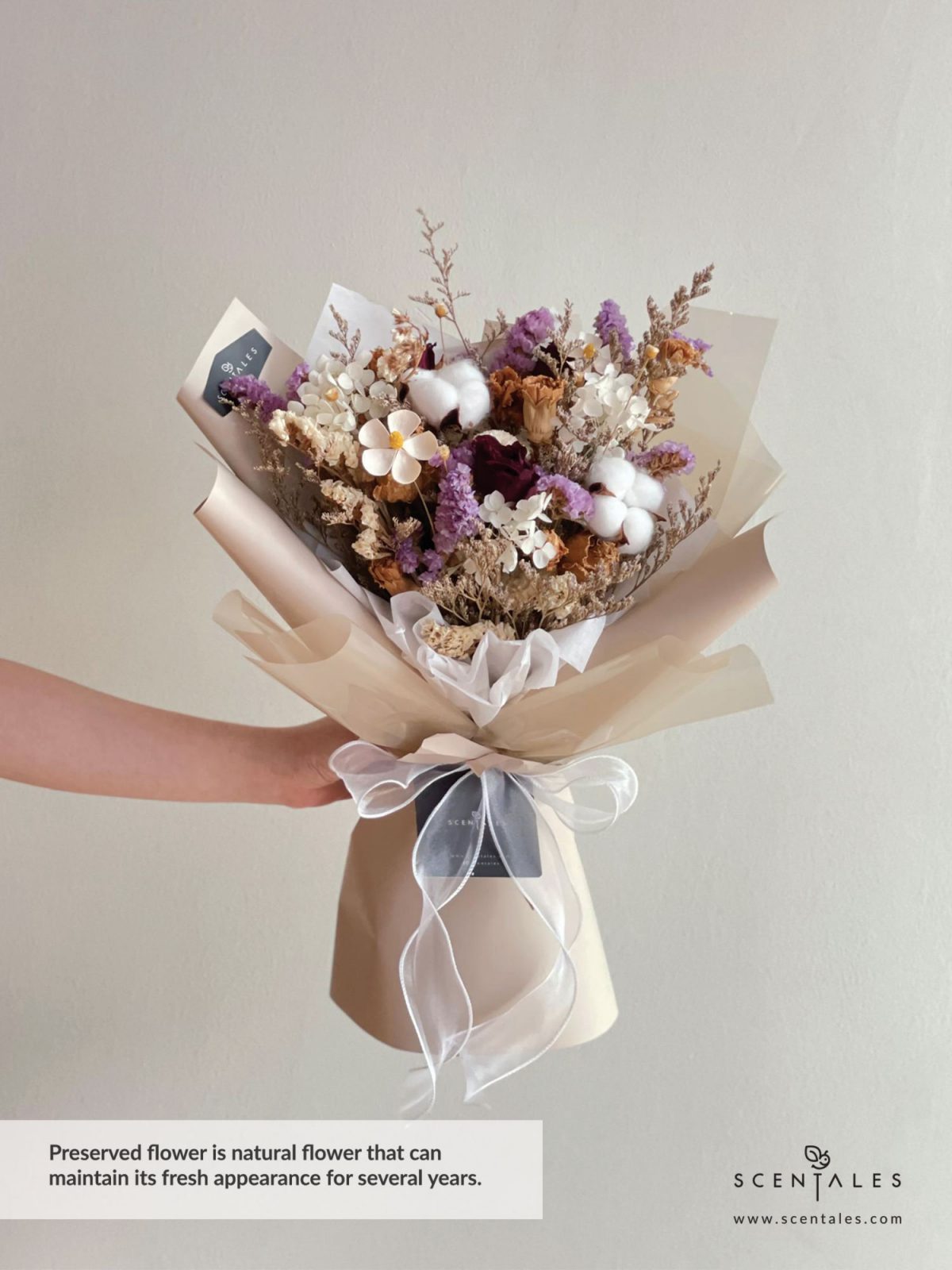 Dried and Preserved Bouquet with Dried red rose, dried brown rose, cotton flower, happy flower, dried carnation, dry white violet, plenty of dried eustoma, preserved white hydrangea, dried blue caspia, dried purple statice and dried white statice