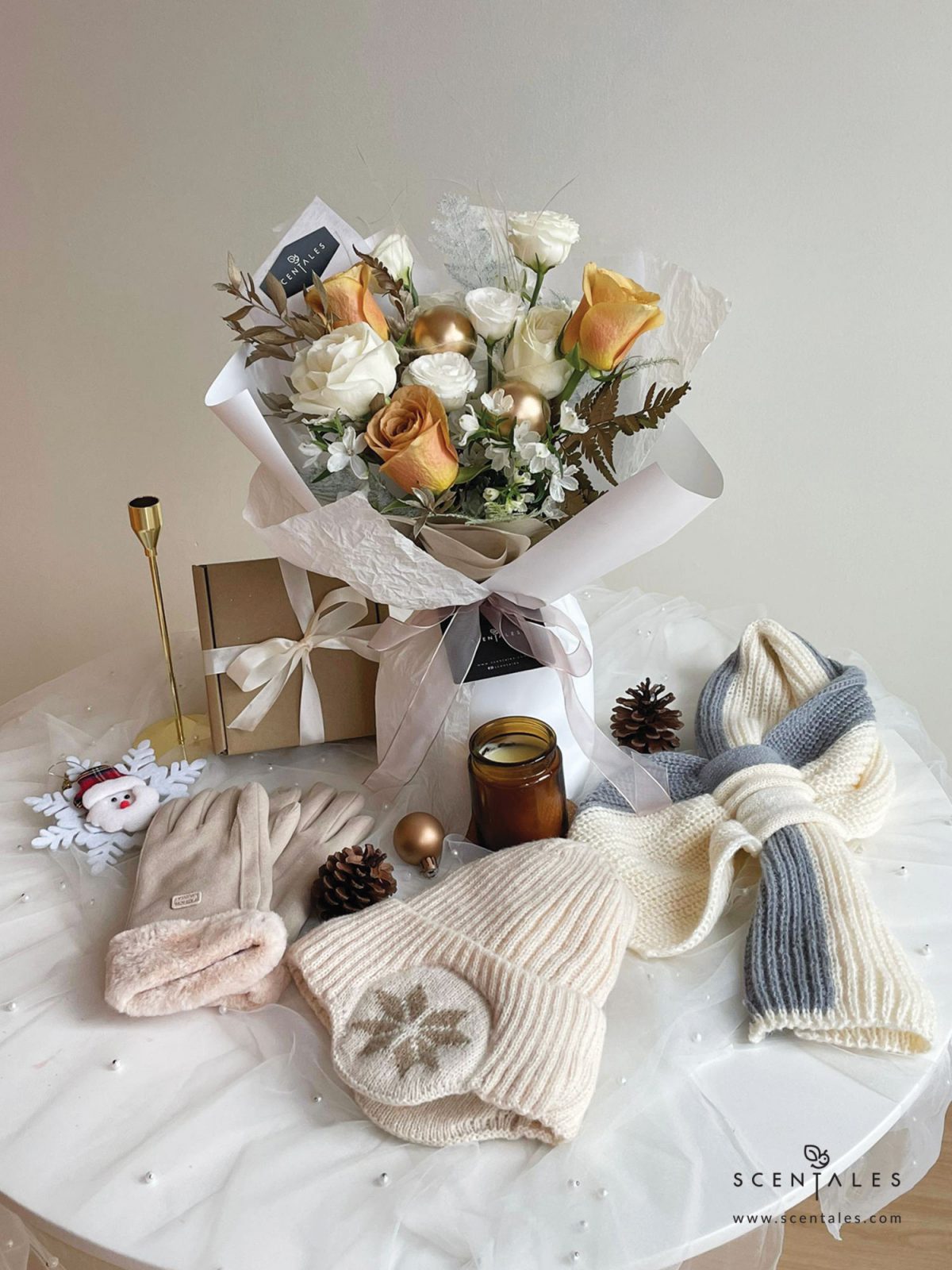 Fresh flower bouquet with Toffee rose, white rose, white eustoma buds, white mini delphinium, paku leaf, gold christmas ball and plenty of asparagus fern, stipa grass and preserved ruscus