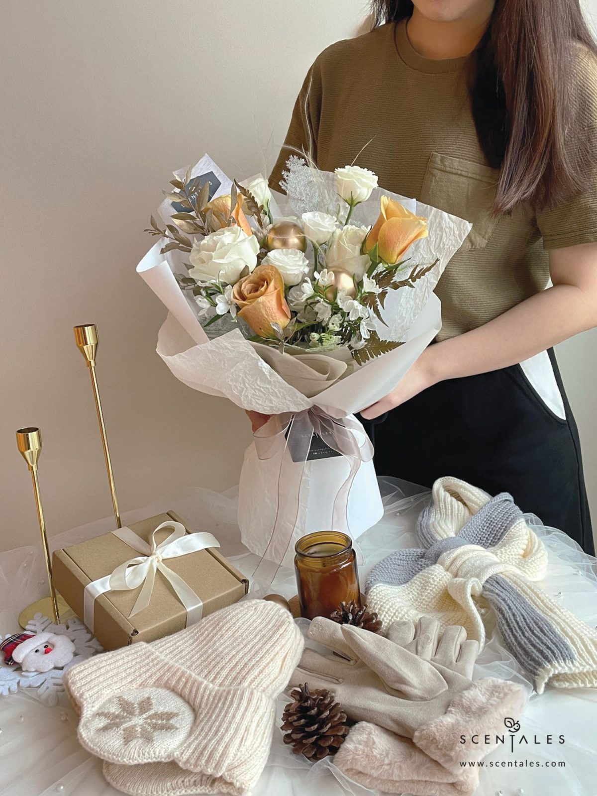 Fresh flower bouquet with Toffee rose, white rose, white eustoma buds, white mini delphinium, paku leaf, gold christmas ball and plenty of asparagus fern, stipa grass and preserved ruscus