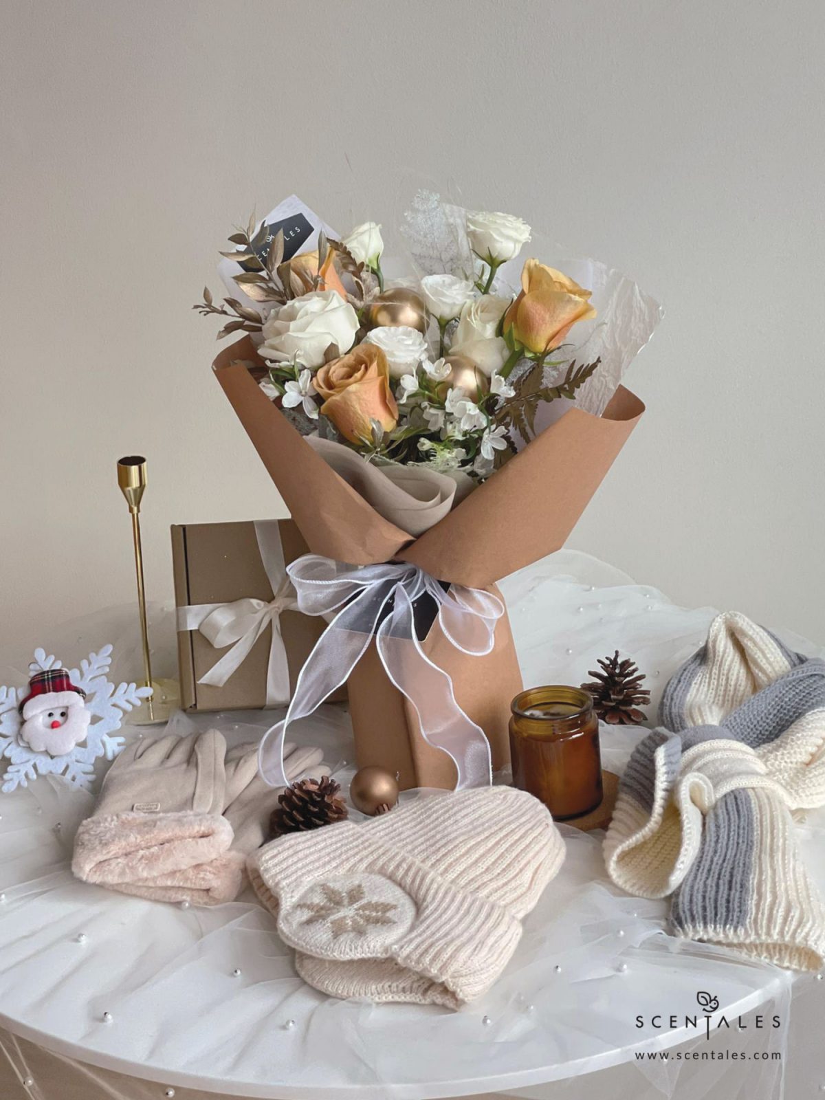 Fresh flower bouquet with Toffee rose, white rose, white eustoma buds, white mini delphinium, paku leaf, gold christmas ball and plenty of asparagus fern, stipa grass and preserved ruscus