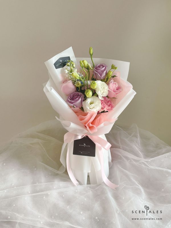 fresh flower with Lilac rose, soft pink rose, white eustoma buds, pink carnation, blue oxypetalum, white matthiola, trachymene and plenty of thlaspi