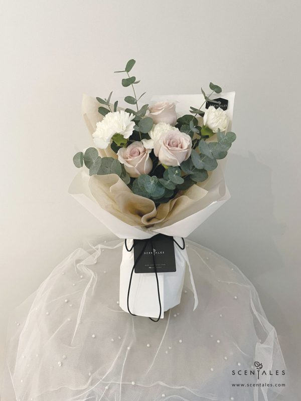 Fresh flower bouquet with Quicksand ecador rose, white carnation and eucalyptus cinerea