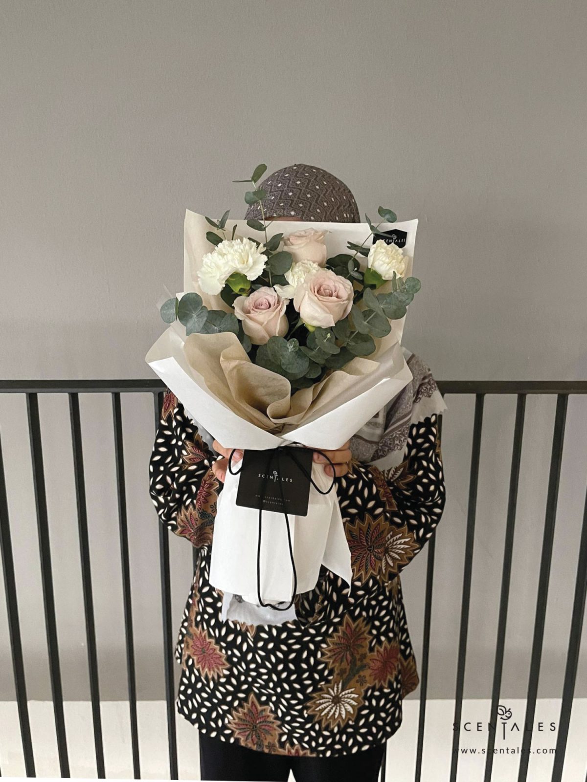 Fresh flower bouquet with Quicksand ecador rose, white carnation and eucalyptus cinerea