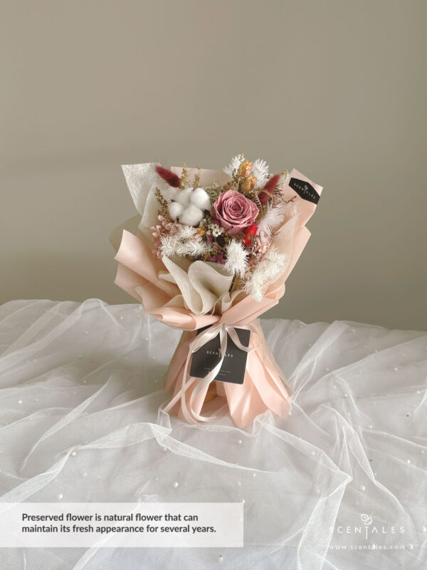 Dried and Preserved Bouquet with Preserved cappuccino rose, white cotton, red bunny tail, maroon bunny tail, yellow peacock, plenty of ixodia, preserved light brown hydrangea, dried fushia caspia, dried white caspia and preserved white asparagus