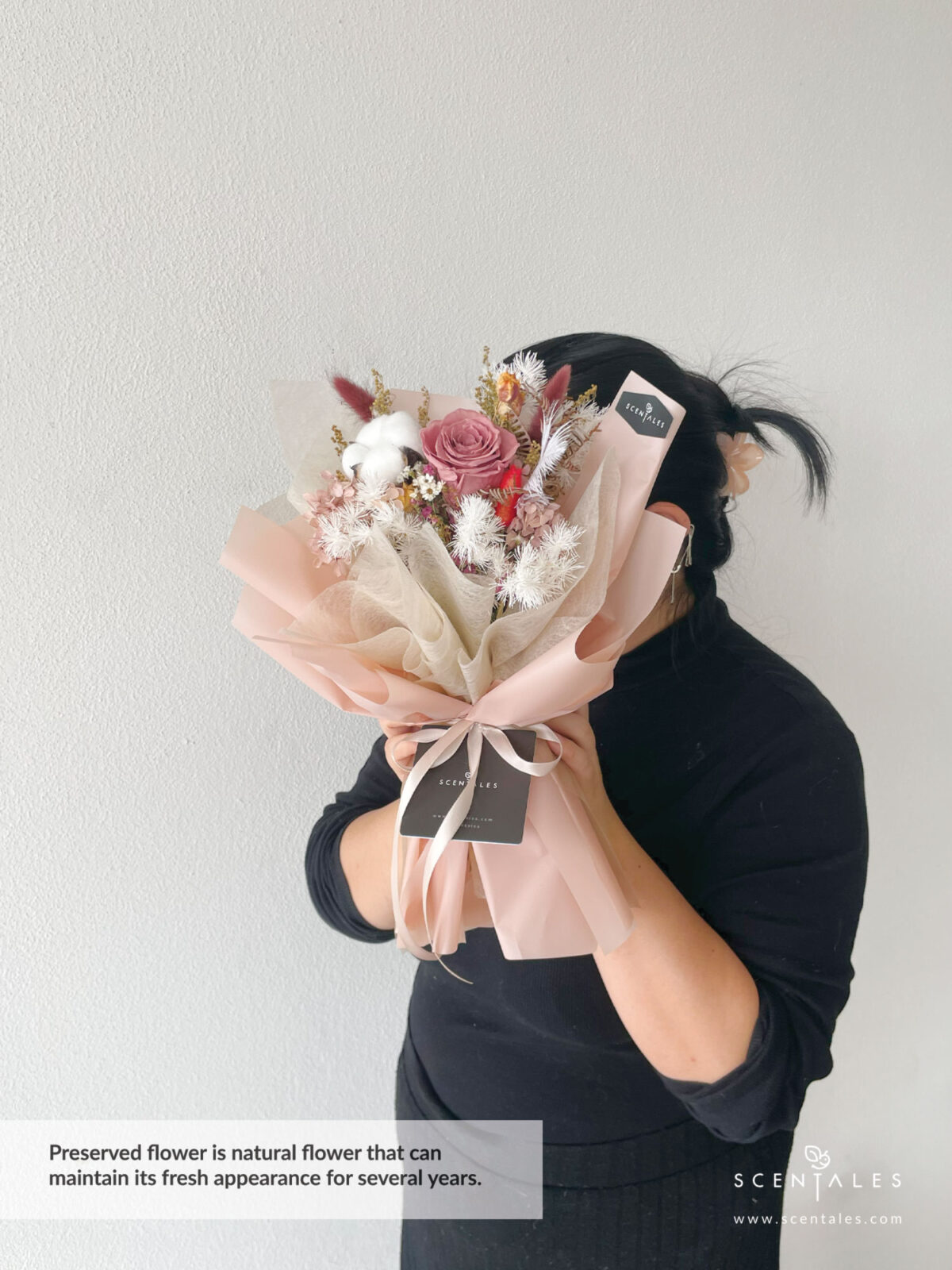 Dried and Preserved Bouquet with Preserved cappuccino rose, white cotton, red bunny tail, maroon bunny tail, yellow peacock, plenty of ixodia, preserved light brown hydrangea, dried fushia caspia, dried white caspia and preserved white asparagus