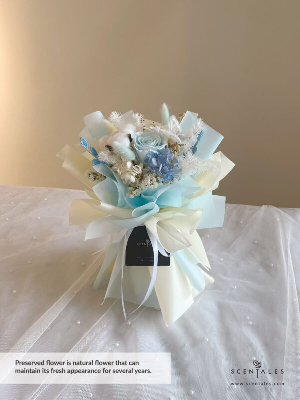 Dried and Preserved Bouquet with Light blue preserved rose, cotton flower, turquoise bunny tail, light yellow bunny tail, dried lino, dried peacock, plenty of preserved fibigia, preserved white hydrangea, preserved light blue hydrangea, preserved white asparagus, dried white statice and dried stirlingia