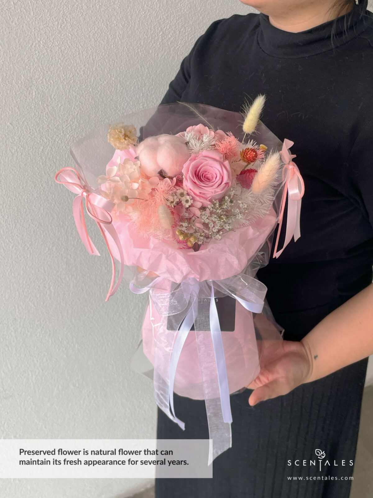 Dried and Preserved Bouquet with Preserved pink rose, pink cotton flower, red gomphrena, bunny tail, light yellow bunny tail, preserved white scabiosa stellata, happy flower, dried lino, plenty of preserved pink hydrangea, preserved pink asparagus, preserved white asparagus, dried white caspia and stipa grass