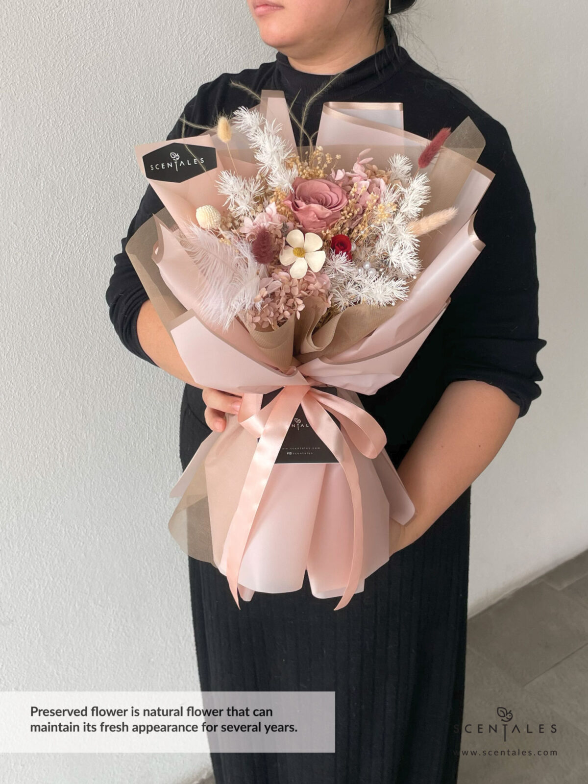 Dried and Preserved Bouquet with Preserved cappuccino rose, preserved red small rose, preserved white craspedia, lavendar, white violet flower, maroon bunny tail, white bunny tail, plenty of pink hydrangea, light brown hydrangea, preserved white asparagus, dried baby breath and preserved broom