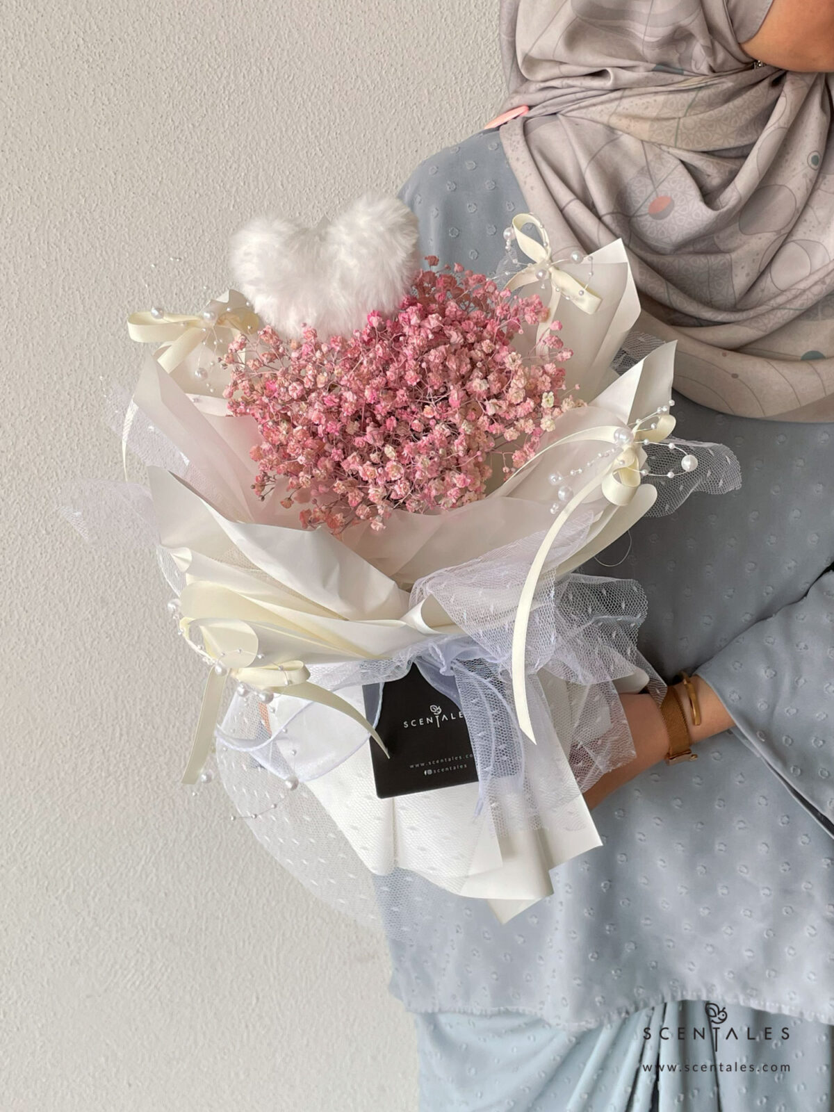 Fresh Flower with Plenty of pink baby's breath and fluffy heart