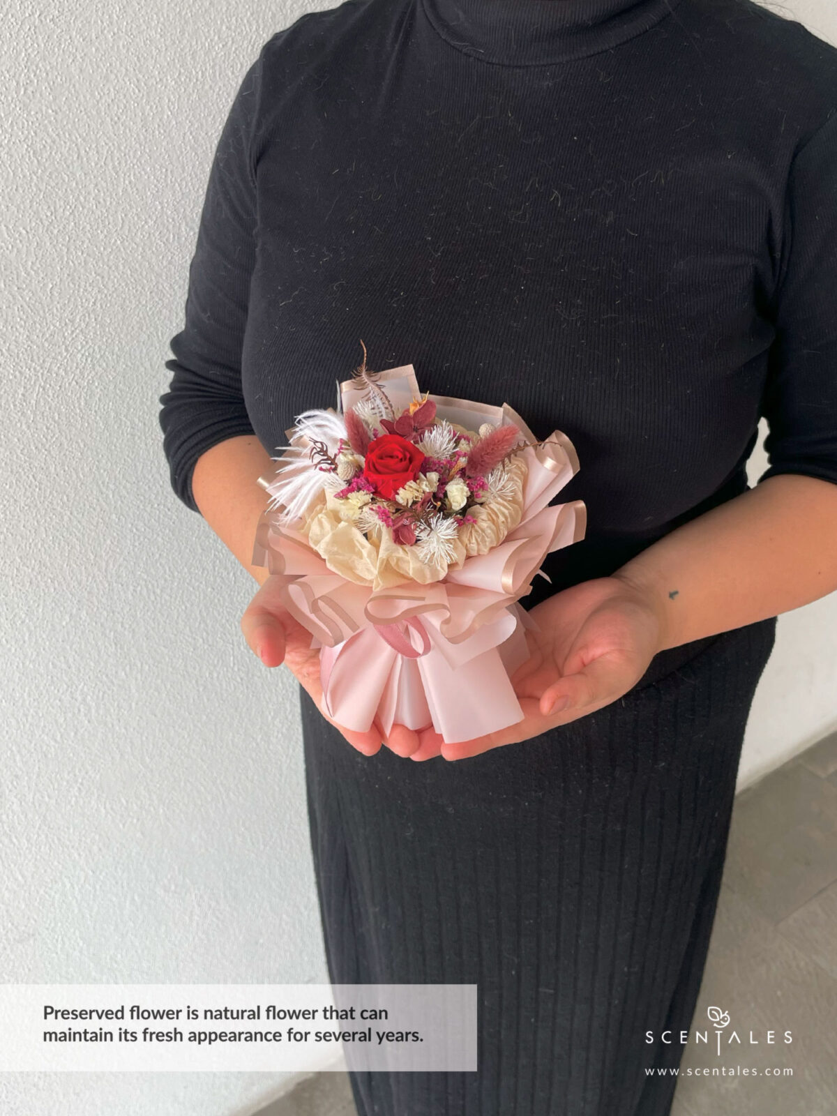 Dried and Preserved Bouquet with Preserved red small rose, maroon bunny tail, plenty of preserved maroon hydrangea, dried statice, dried fuchsia caspia, dried yamashita green leaves, preserved white asparagus and silver brunia