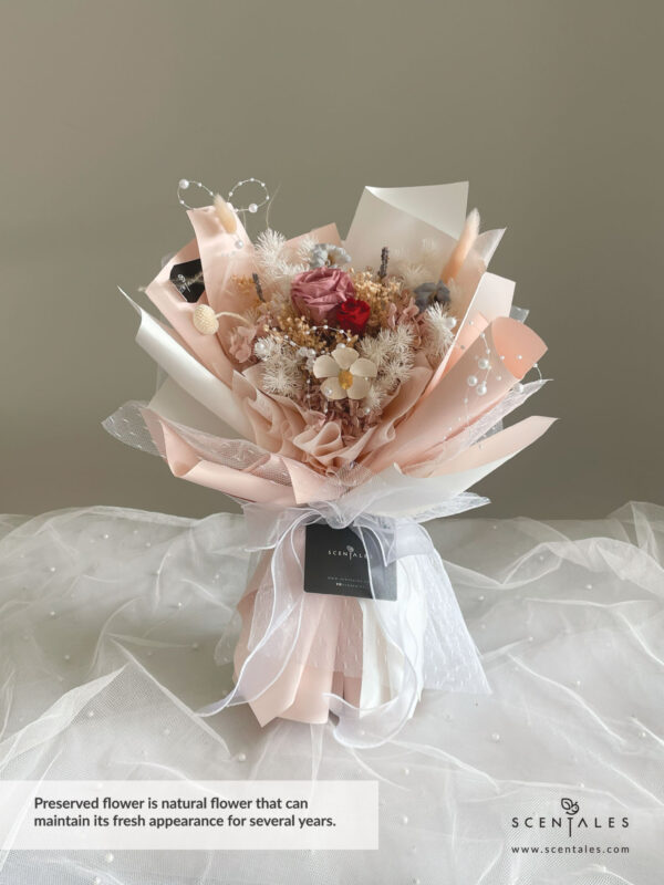 Dried and Preserved Bouquet with Preserved cappuccino rose, preserved red small rose, preserved white craspedia, lavendar , white violet flower , bunny tail, dried blue delphinium buds, plenty of preserved pink hydrangea, preserved light brown hydrangea, preserved white asparagus, dried baby breath and preserved broom