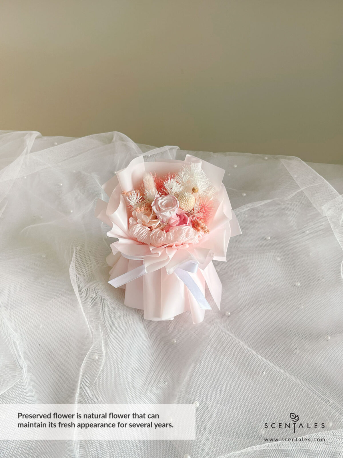 Dried and Preserved Bouquet with Preserved pink small rose, preserved pink craspedia, bunny tail, happy flower, plenty of preserved pink asparagus, preserved white asparagus, preserved pink hydrangea, dried white caspia and preserved pink amaranthus