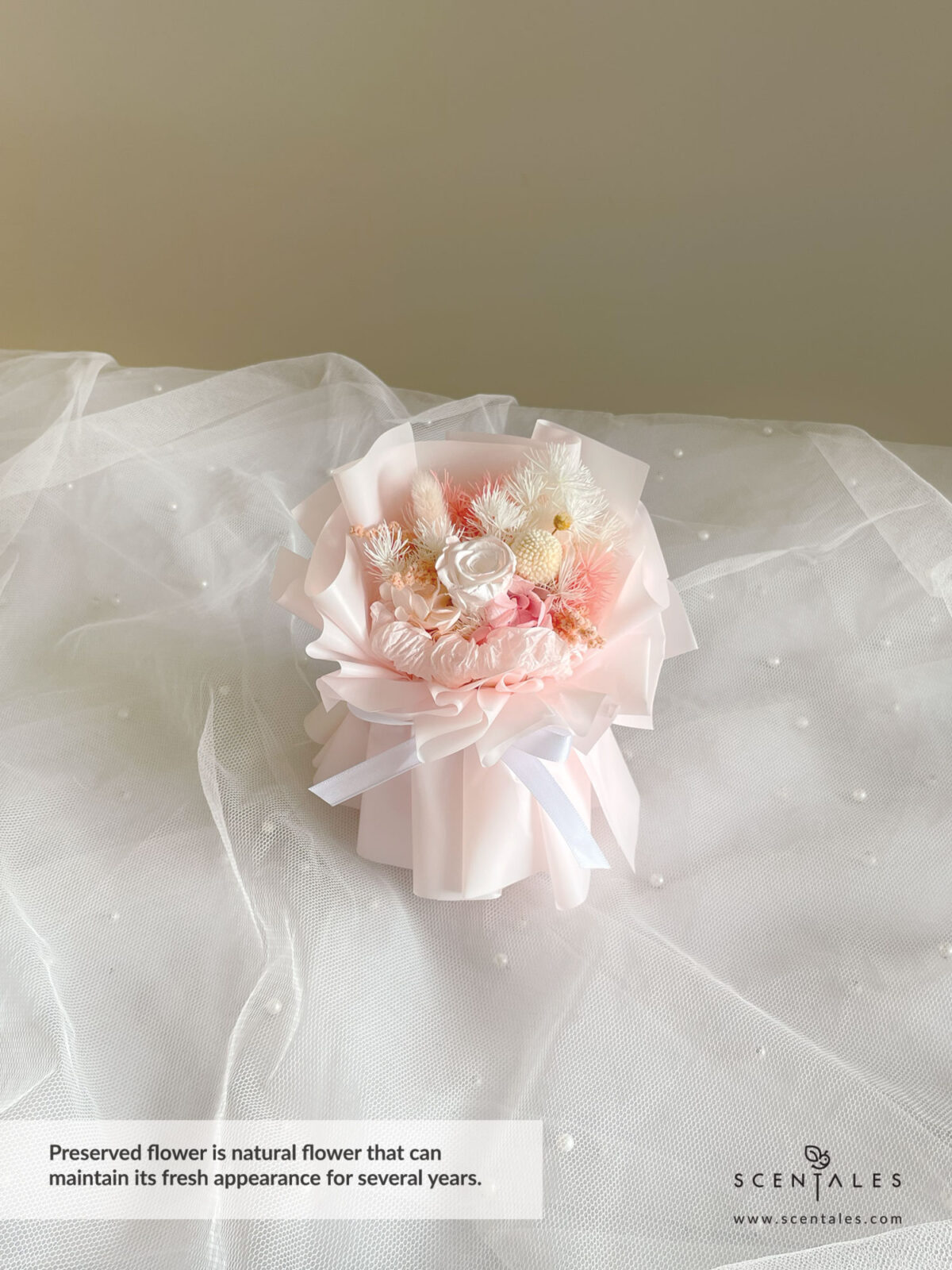 Dried and Preserved Bouquet with Preserved pink small rose, preserved pink craspedia, bunny tail, happy flower, plenty of preserved pink asparagus, preserved white asparagus, preserved pink hydrangea, dried white caspia and preserved pink amaranthus