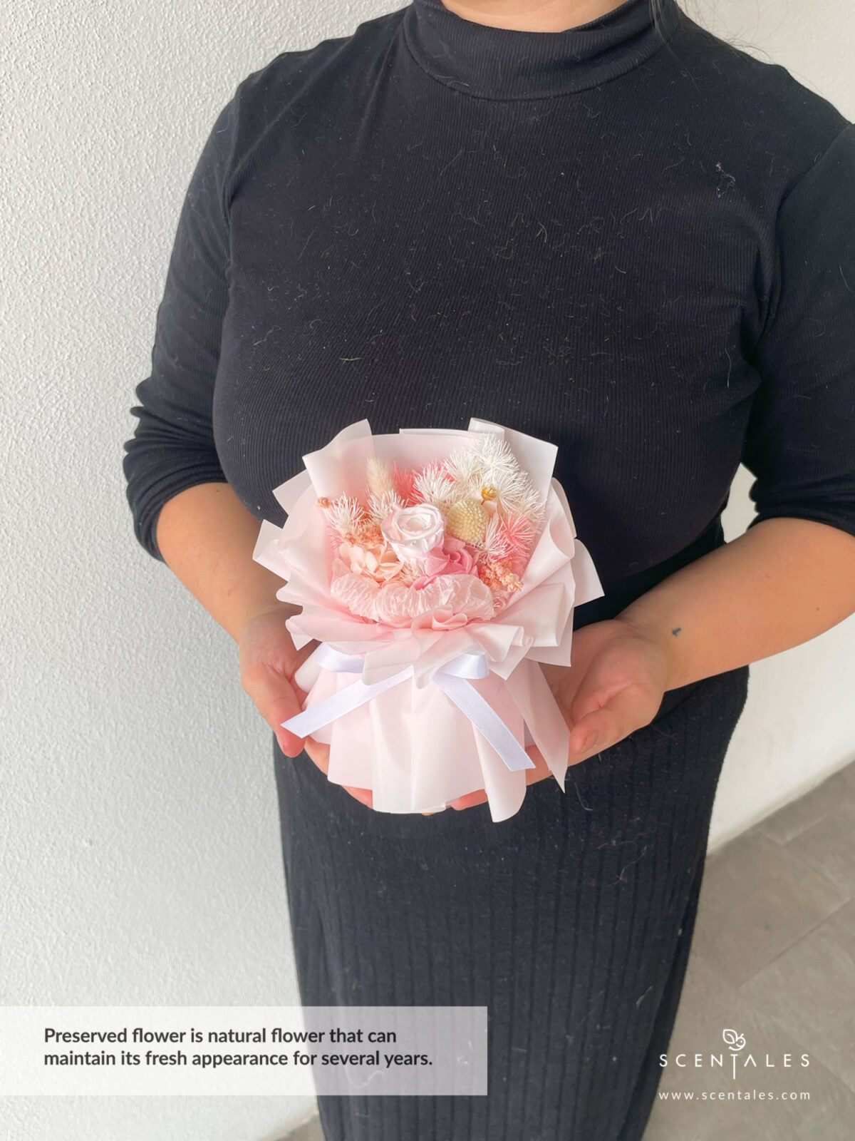 Dried and Preserved Bouquet with Preserved pink small rose, preserved pink craspedia, bunny tail, happy flower, plenty of preserved pink asparagus, preserved white asparagus, preserved pink hydrangea, dried white caspia and preserved pink amaranthus