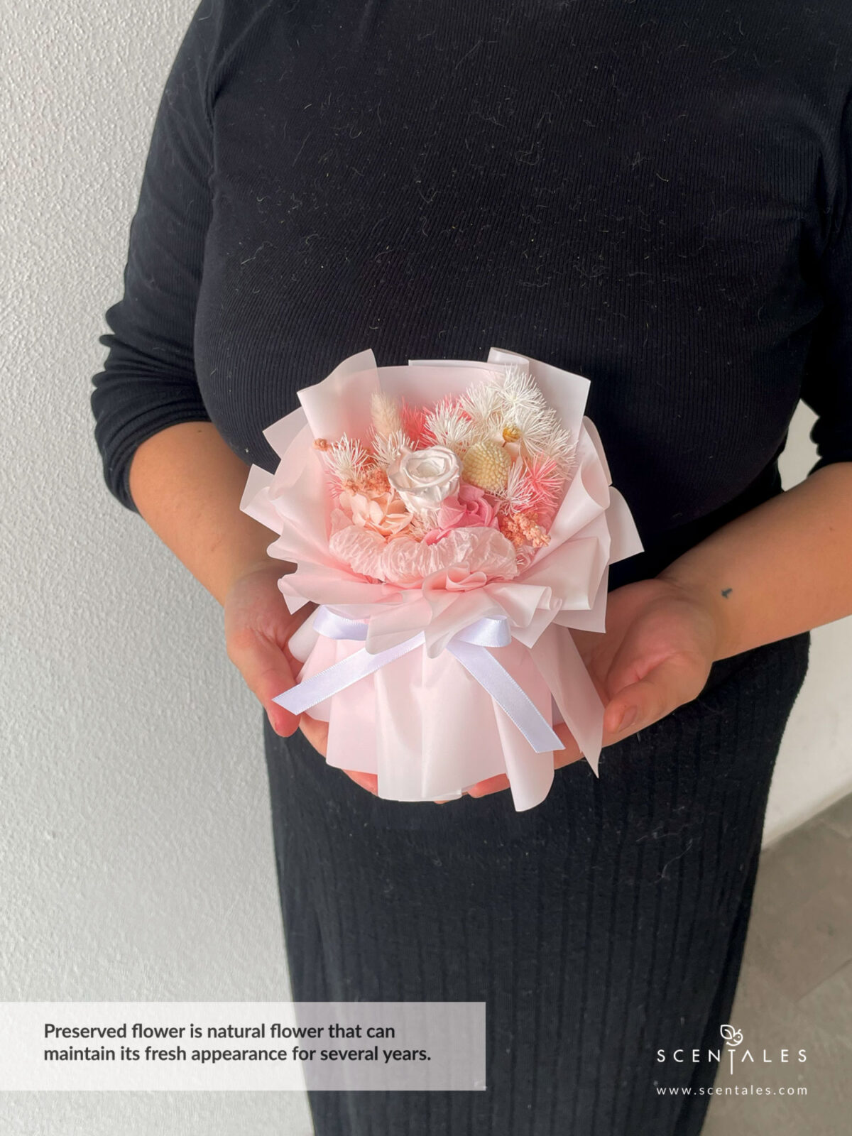 Dried and Preserved Bouquet with Preserved pink small rose, preserved pink craspedia, bunny tail, happy flower, plenty of preserved pink asparagus, preserved white asparagus, preserved pink hydrangea, dried white caspia and preserved pink amaranthus