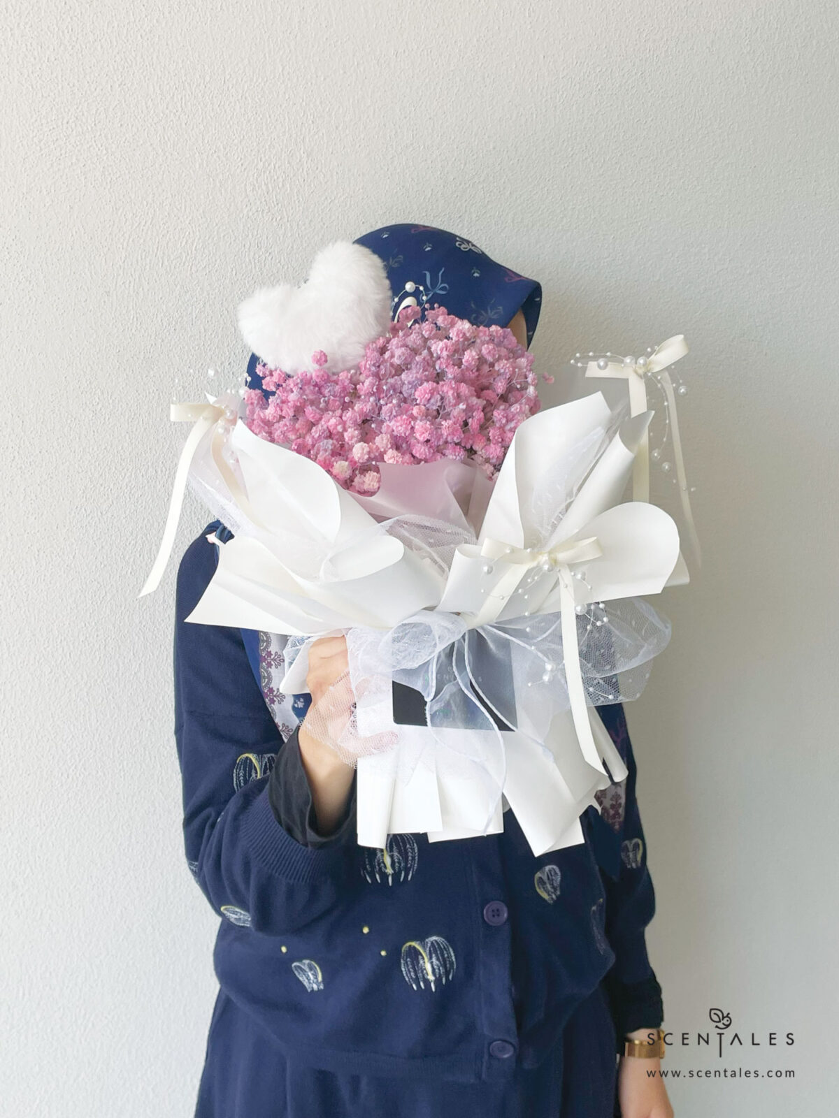 Fresh Flower with Plenty of purple baby's breath and fluffy heart