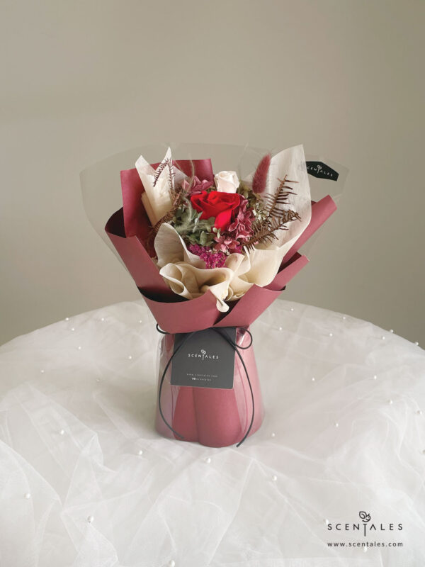 Dried and Preserved Bouquet with Preserved red rose, preserved white small rose, maroon bunny tail, plenty of preserved green hydrangea, preserved pink hydrangea, dried fushia caspia, dried white caspia and green yamashida