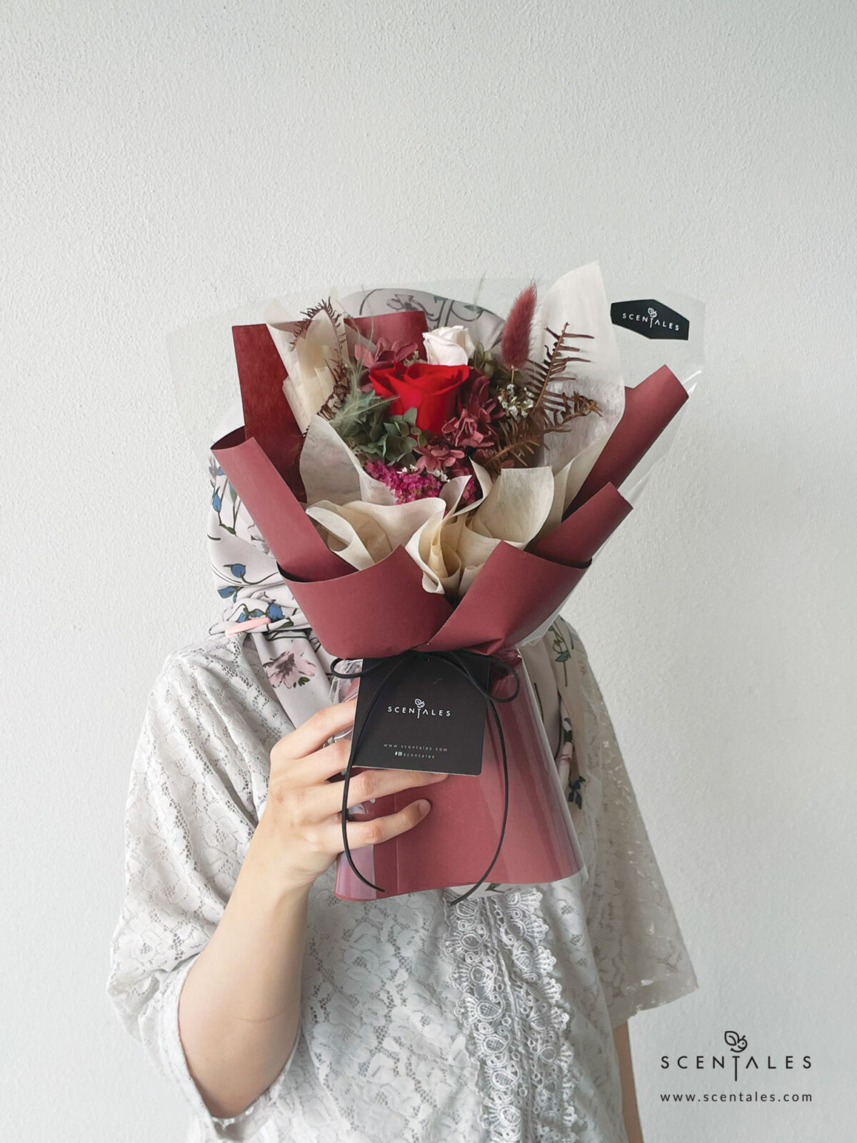 Dried and Preserved Bouquet with Preserved red rose, preserved white small rose, maroon bunny tail, plenty of preserved green hydrangea, preserved pink hydrangea, dried fushia caspia, dried white caspia and green yamashida