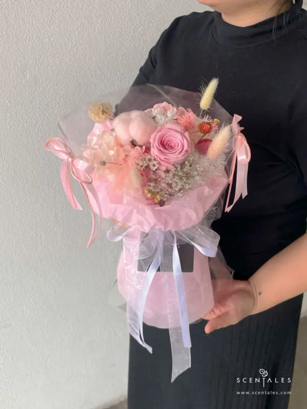 Charlotte Preserved and Dried Flower Bouquet dried and preserved flower bouquet with preserved pink rose, pink cotton flower, red gomphrena, bunny tail, light yellow bunny tail, preserved white scabiosa stellata, happy flower, dried lino, plenty of preserved pink hydrangea, preserved pink asparagus, preserved white asparagus, dried white caspia and stipa grass