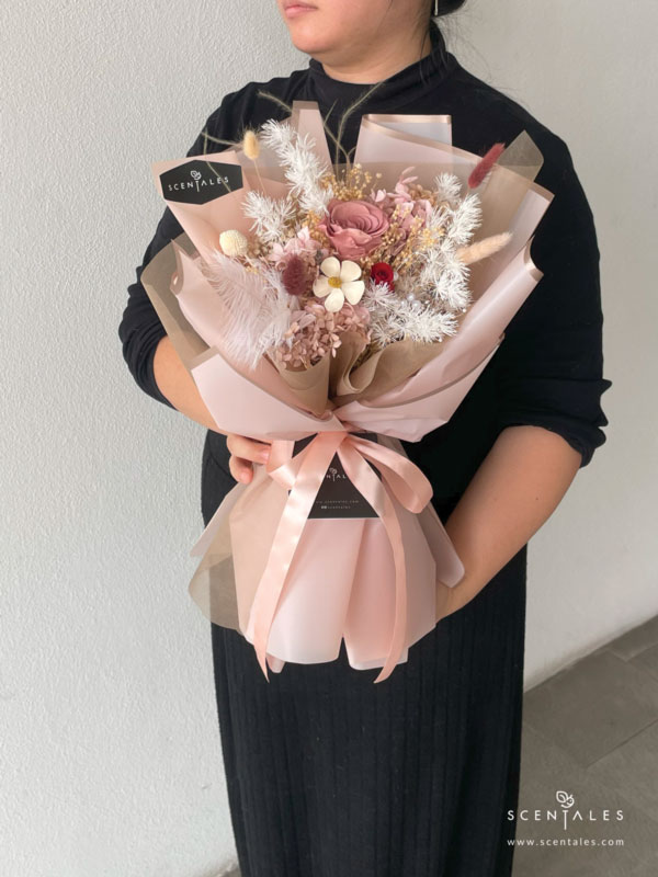 dried and preserved flower bouquet with preserved cappuccino rose, preserved red small rose, preserved white craspedia, lavendar, white violet flower, maroon bunny tail, white bunny tail, plenty of pink hydrangea, light brown hydrangea, preserved white asparagus, dried baby breath and preserved broom