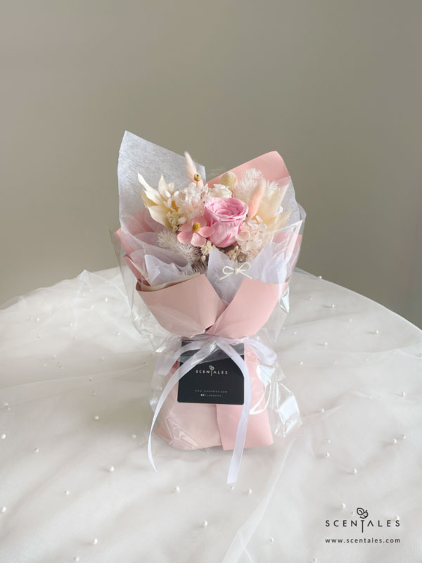 Dried and Preserved Bouquet with Preserved pink rose, preserved white small rose, pink violet flower, bunny tail, preserved white craspedia, happy flower, preserved ruscus, plenty of preserved white asparagus, preserved pink hydrangea and dried white statice