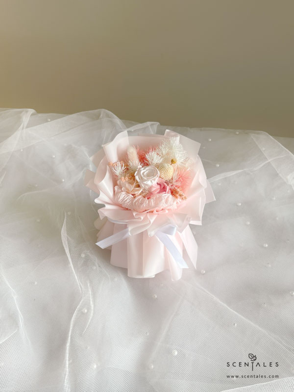 Dried and Preserved Bouquet with Preserved pink small rose, preserved pink craspedia, bunny tail, happy flower, plenty of preserved pink asparagus, preserved white asparagus, preserved pink hydrangea, dried white caspia and preserved pink amaranthus