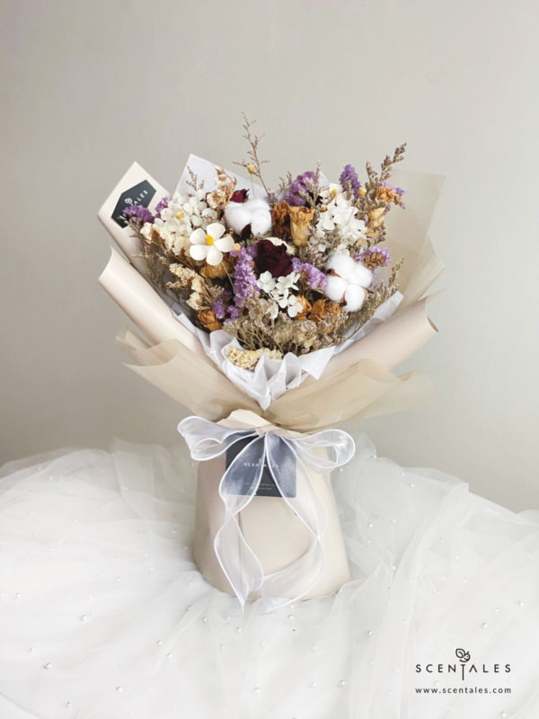 Dried and Preserved Bouquet with Dried red rose, dried brown rose, cotton flower, happy flower, dried carnation, dry white violet, plenty of dried eustoma, preserved white hydrangea, dried blue caspia, dried purple statice and dried white statice