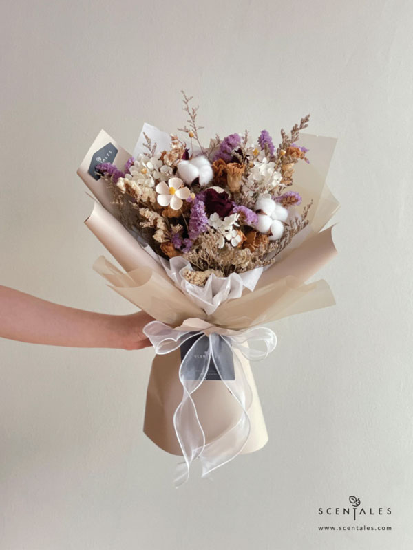 Dried and Preserved Bouquet with Dried red rose, dried brown rose, cotton flower, happy flower, dried carnation, dry white violet, plenty of dried eustoma, preserved white hydrangea, dried blue caspia, dried purple statice and dried white statice