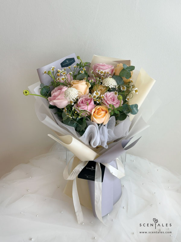 Fresh Flower Bouquet with Pink rose, champagne rose, chamomile, white trachymene, happy flower and plenty of eucalyptus