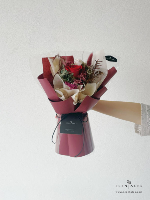 Dried and Preserved Bouquet with Preserved red rose, preserved white small rose, maroon bunny tail, plenty of preserved green hydrangea, preserved pink hydrangea, dried fushia caspia, dried white caspia and green yamashida