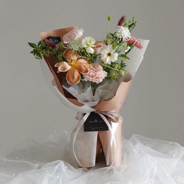 Always There Fresh Flower Bouquet Fresh flower bouquet with caramel tulip , cappuccino rose , love of cuba carnation , light pink carnation , pink ranunculus butterfly , white trachymene , maroon bunny tail , white spray carnation and spiraea