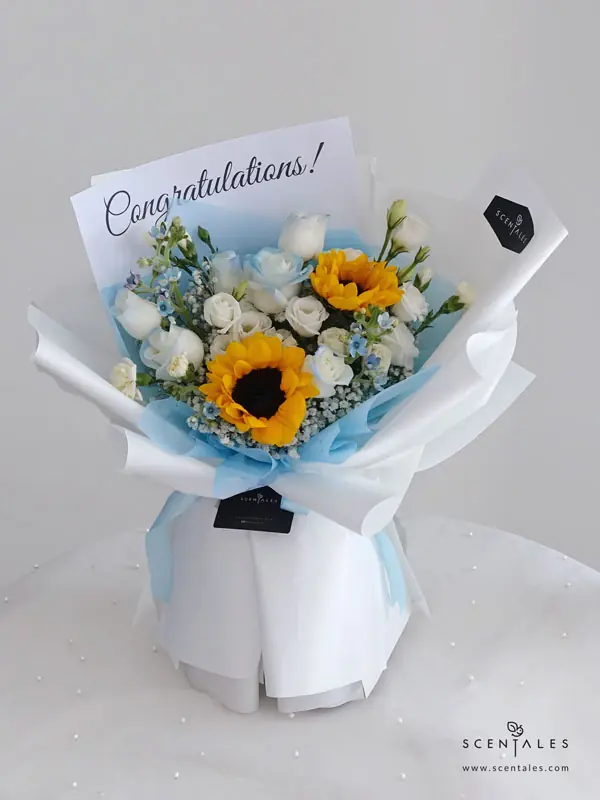 Wisdom In Bloom Fresh Flower Bouquet fresh flower bouquet with sunflower, blue rose, white eustoma, white spray carnation and blue oxypetalum
