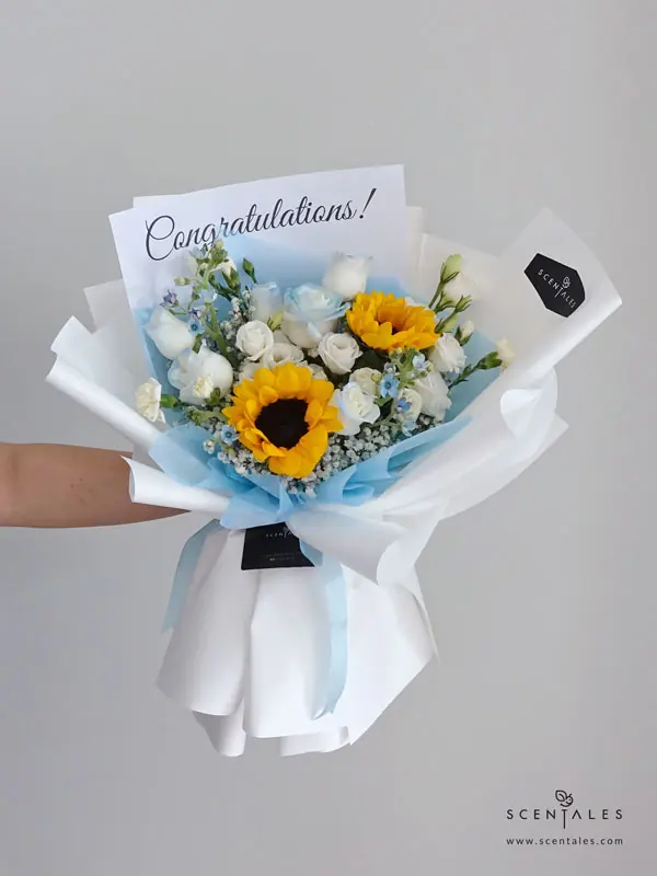 Wisdom In Bloom Fresh Flower Bouquet fresh flower bouquet with sunflower, blue rose, white eustoma, white spray carnation and blue oxypetalum