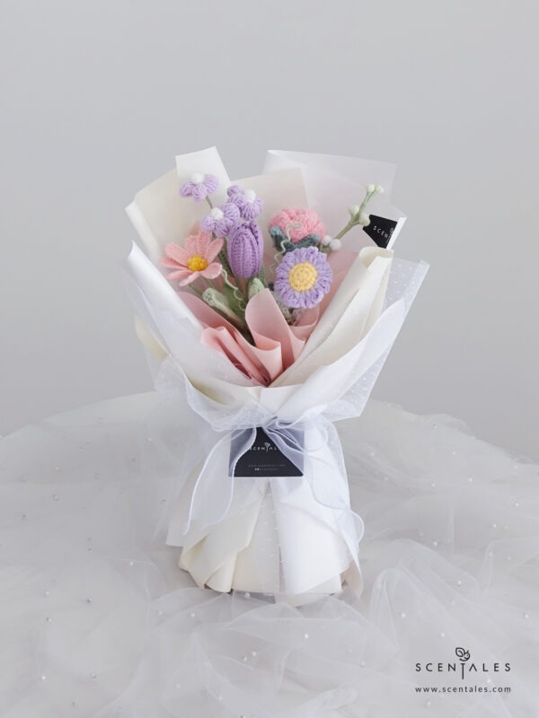 Crochet flower bouquet with Crochet pink rose, crochet pink tulip, crochet light purple tulip, crochet light purple puff flower, crochet purple mini sunflower, crochet white matthiola and crochet green leaf