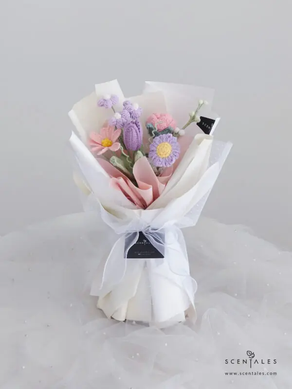 Crochet flower bouquet with Crochet pink rose, crochet pink tulip, crochet light purple tulip, crochet light purple puff flower, crochet purple mini sunflower, crochet white matthiola and crochet green leaf