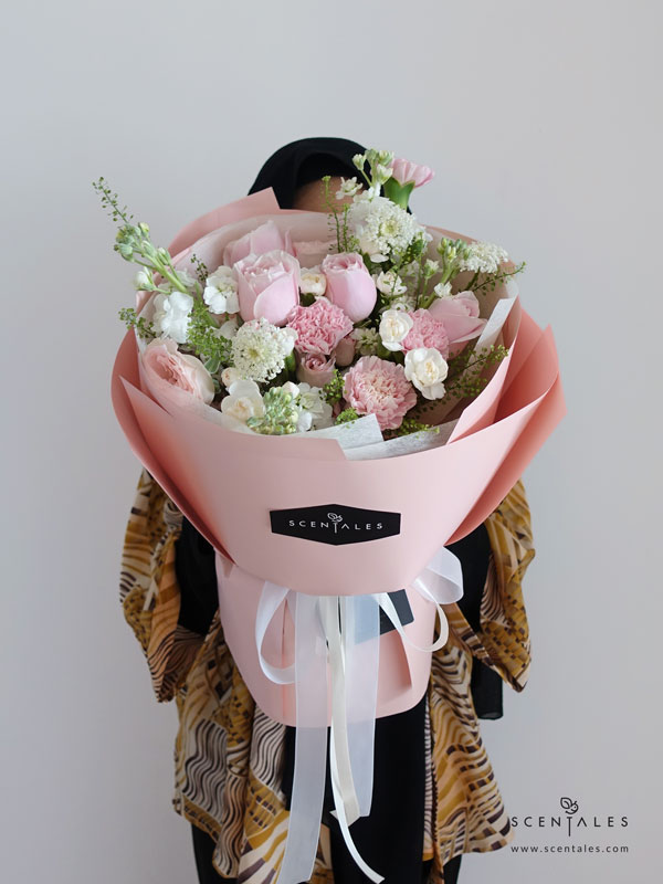 First Kiss Flower Bouquet Fresh flower bouquet with Pink rose, pink spray rose, pink carnation, white spray carnation, white matthiola, trachymene and thlaspi