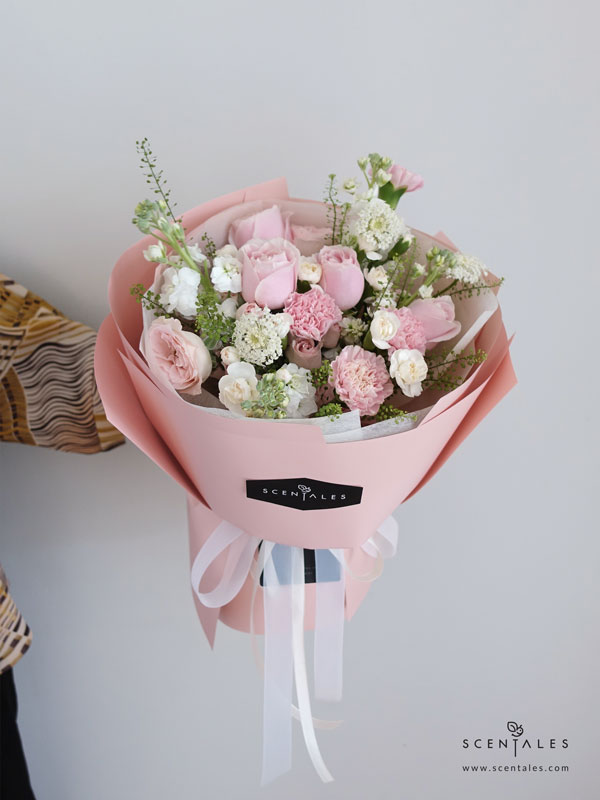 First Kiss Flower Bouquet Fresh flower bouquet with Pink rose, pink spray rose, pink carnation, white spray carnation, white matthiola, trachymene and thlaspi