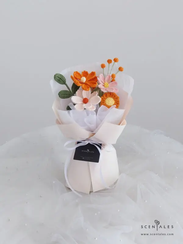 Crochet flower bouquet with Crochet orange ge sang, crochet light orange ge sang, crochet pink tulip, crochet orange mini sunflower, crochet orange berries and crochet green leaf