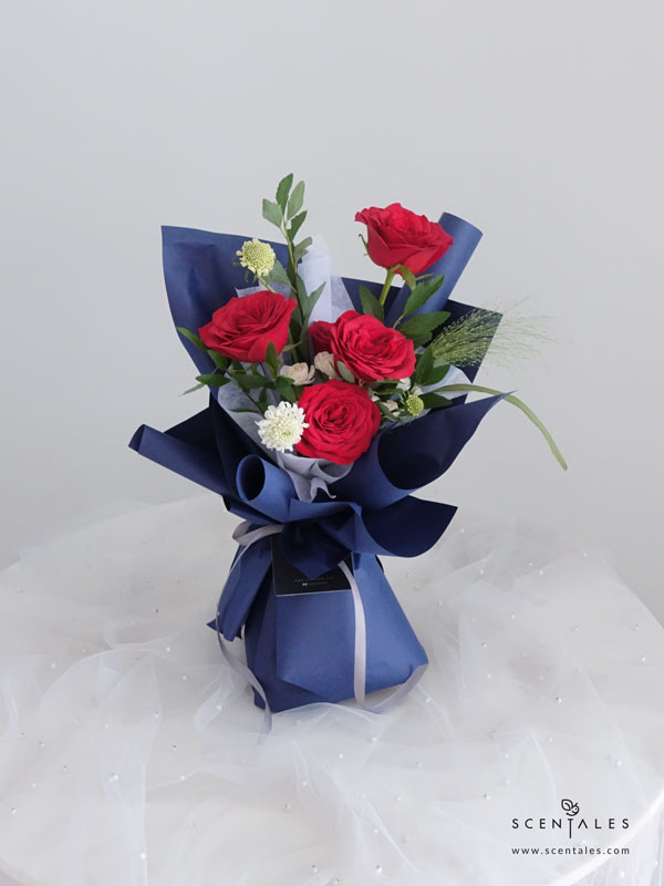 Jenna Flower Bouquet Fresh flower bouquet with Red rose, white spray carnation, white scabiosa, spiraea and panicum