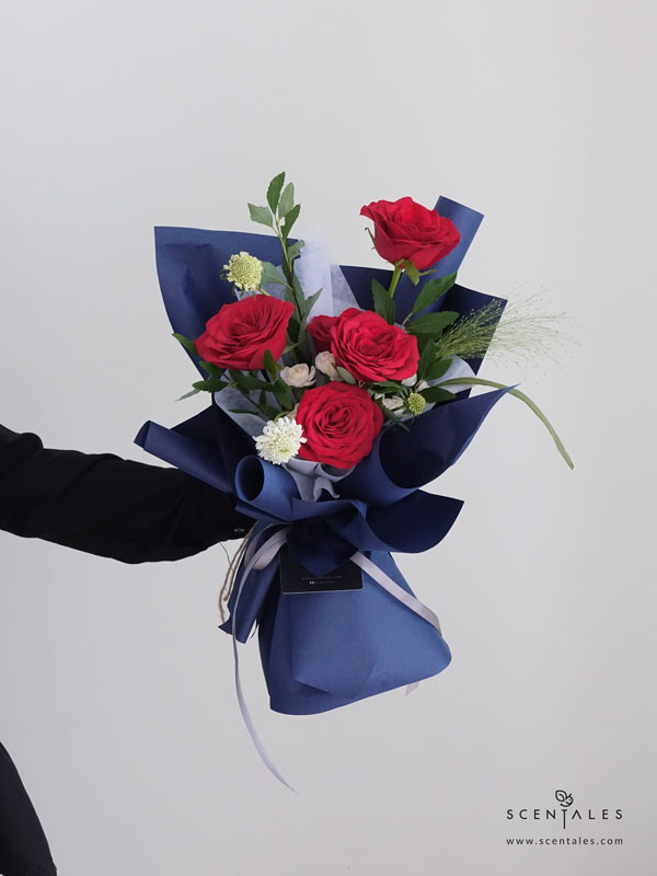 Jenna Flower Bouquet Fresh flower bouquet with Red rose, white spray carnation, white scabiosa, spiraea and panicum